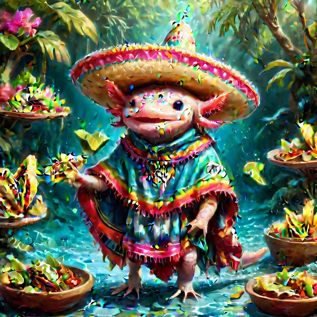 (masterpiece:1.5) axomdel2, A happy axolotl wearing sombrero and poncho, with details of tacos EyeDetail-SDXL, fFaceDetail-SDXL, fHandDetail-SDXL, HairDetail-SDXL