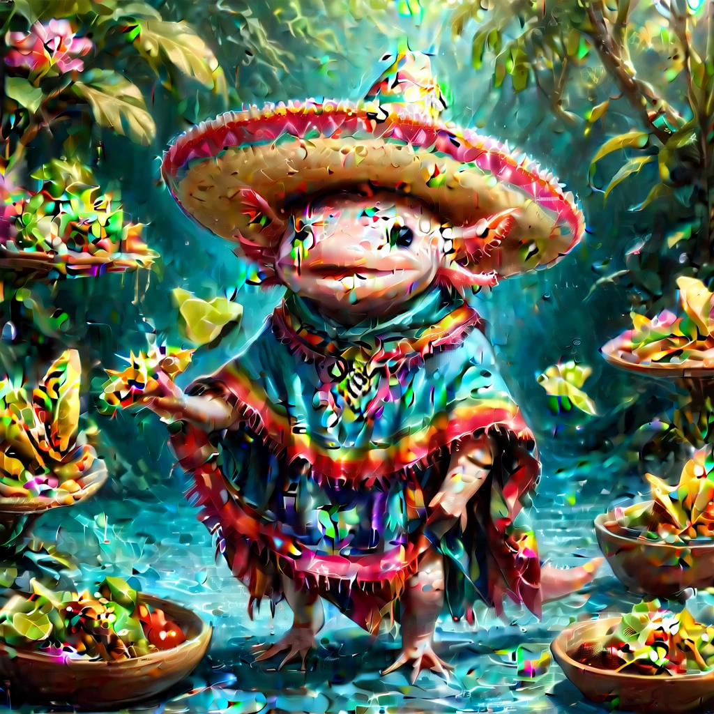 (masterpiece:1.5) axomdel2, A happy axolotl wearing sombrero and poncho, with details of tacos EyeDetail-SDXL, fFaceDetail-SDXL, fHandDetail-SDXL, HairDetail-SDXL