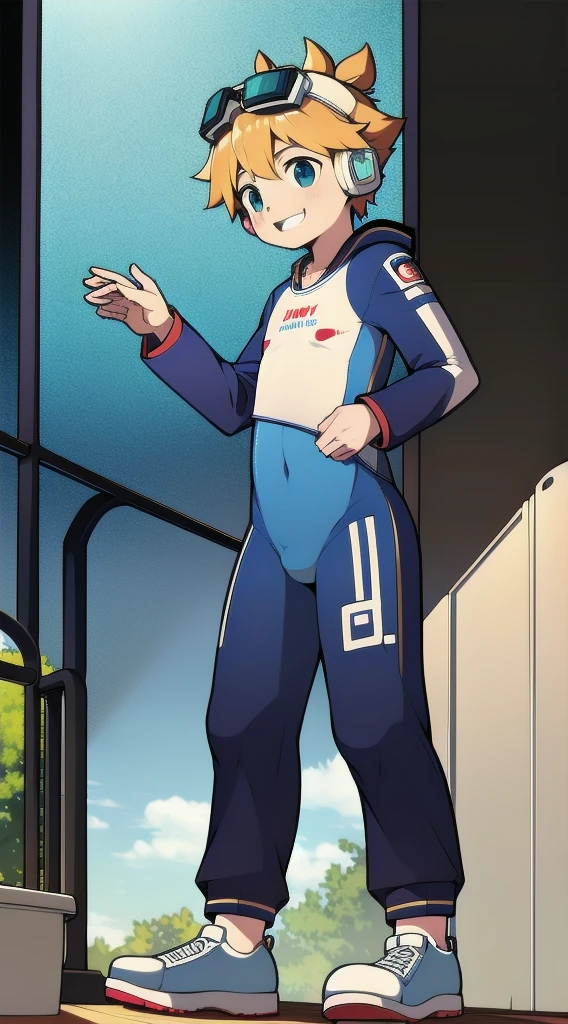 Two-dimensional boy,One-piece mountaineering suit,trumpet,Cow ears,Put the headphones on your head,stand up,goggles,sports shoes,Slim,Happy,Sailor collar