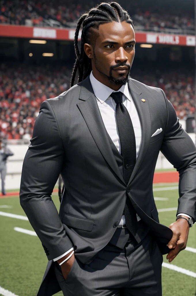 31 year old man from Congo, athletic body, goatee, black cornrow hair, calm, strong, at football field, wearing gray business suit