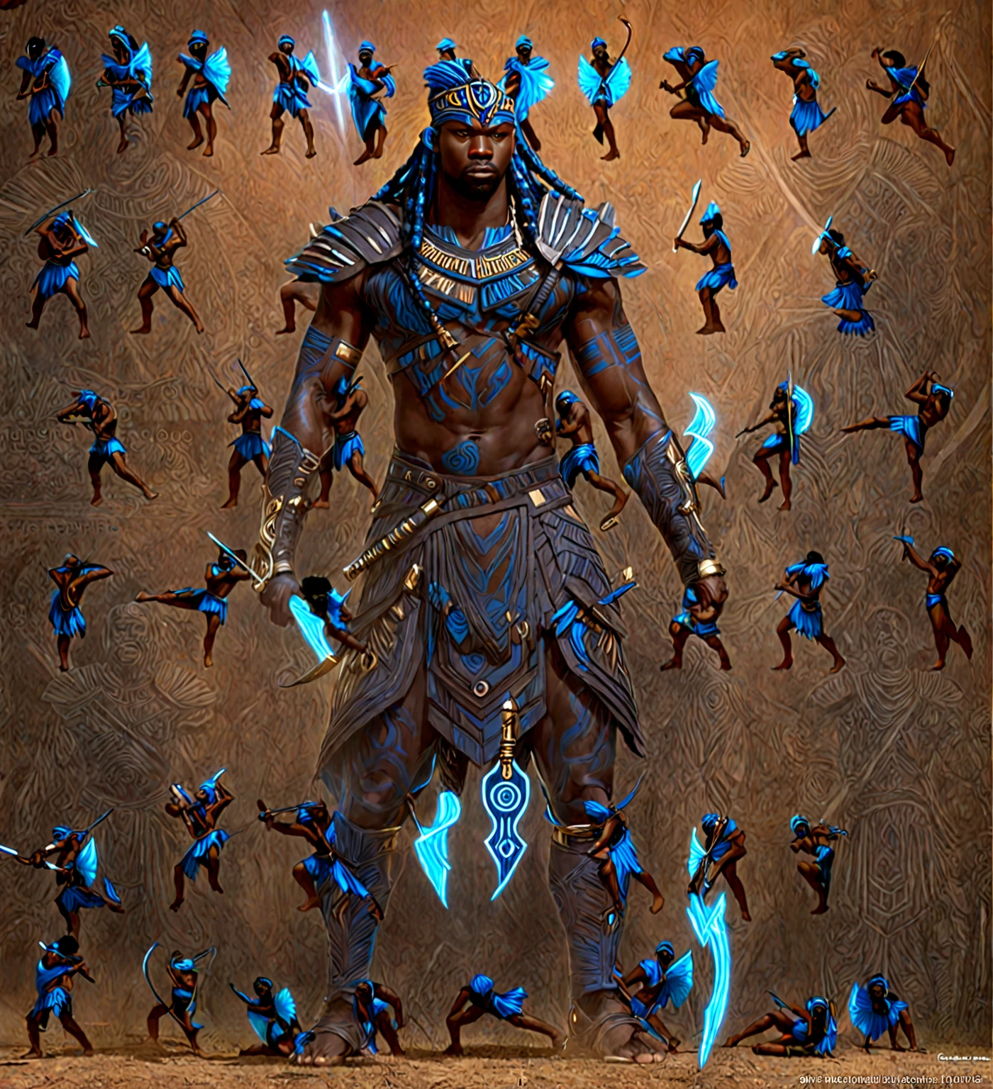 afrofuturism, a Black man with blue tribal african warrior clothes holding a long sword, bow and arrow, beat em up style, afrofuturism, ultra detailed, highly detailed, african god of hunt, muscular, strong, powerful, intense expression, dynamic pose, glowing tribal tattoos, ornate headdress, digital art, cinematic lighting, deep saturated colors, dramatic shadows, epic, masterpiece, 8k, hyper realistic, photorealistic