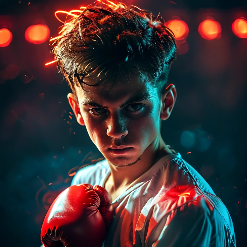 boxing match, young boy, boxing gloves, muscular body, serious expression, neon glow, dark background, gloomy