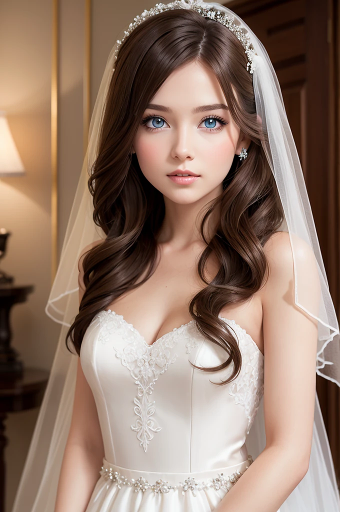 Create a brown-haired, blue-eyed girl wearing a wedding dress