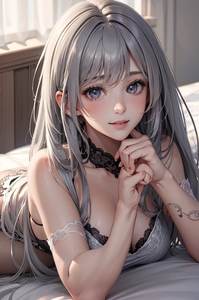 (Best Quality,High resolution,8K,finelity detailed background,Masterpiece:1.2),beautiful girl,Glossy romance gray hair,messy hair,Gray Eyes,Gentle look,A refreshing look,Best quality,Best Quality,Aesthetic and aesthetic:1.2,Best details((Super detailed))(High-definition CG illustrations),Dark gray underwear (gray,intricate lace),Slender body,Late Night,Moonlit Night,Bedroom,On the bed,smile,blush,cute,Scrounge,Looking up,Being spoiled,super model,on back,shoot from above