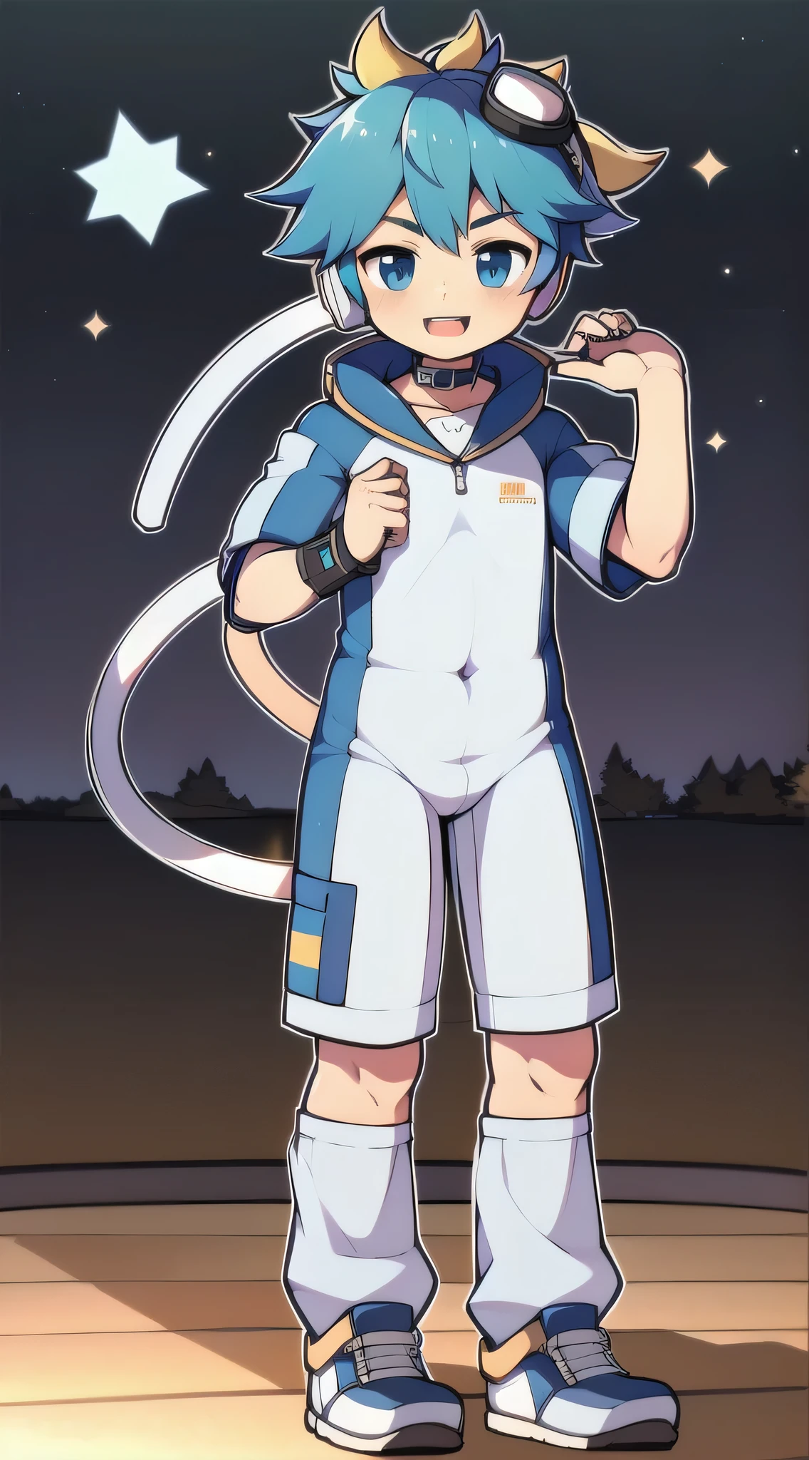 Two-dimensional boy,One-piece mountaineering suit,trumpet,Cow ears,Put the headphones on your head,stand up,goggles,sports shoes,Slim,Happy,Sailor collar