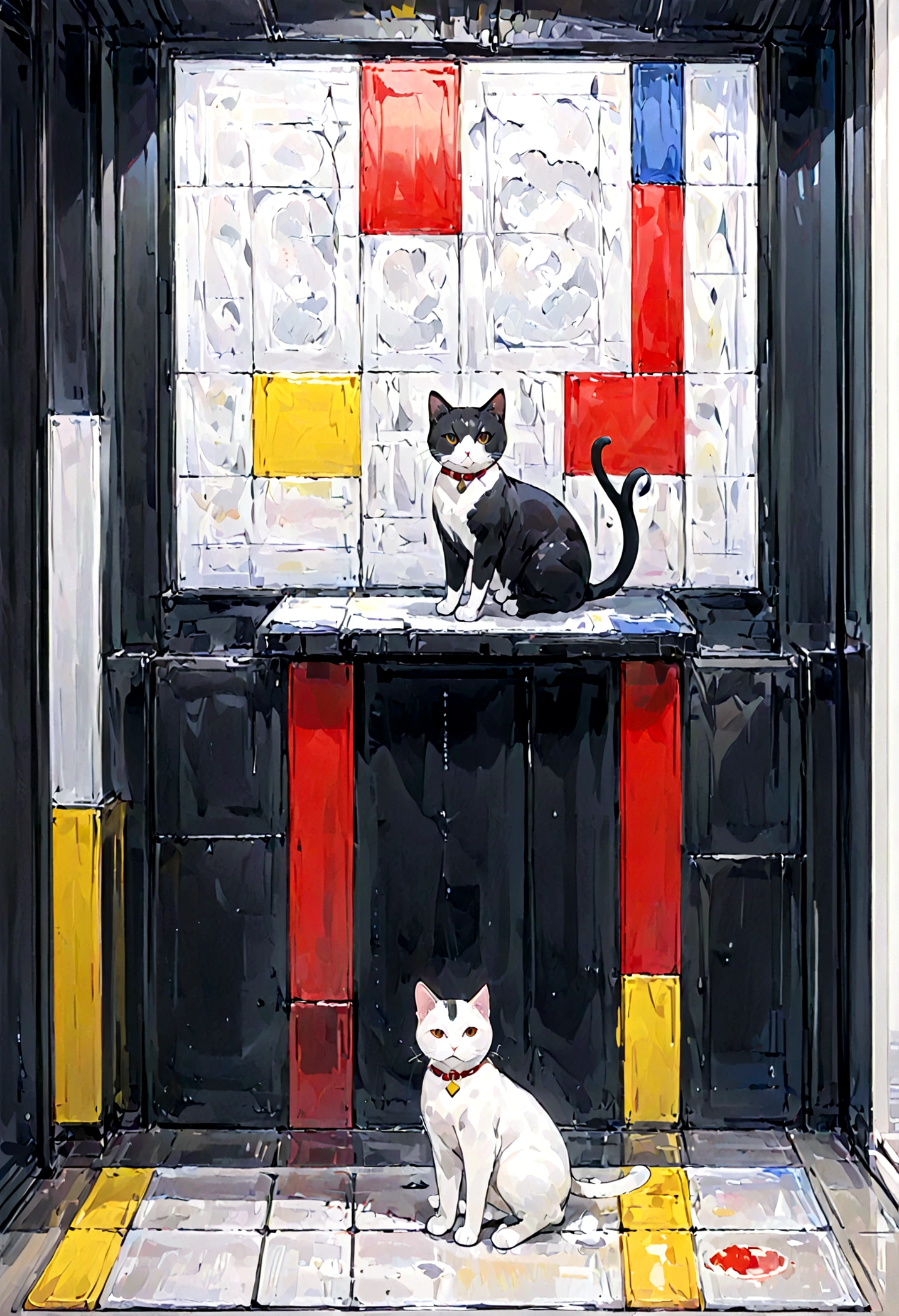 A captivating artwork by Piet Mondrian featuring a cat. The iconic Mondrian style is present, with the cat depicted in primary colors and simple geometric shapes. The cat is portrayed in a balanced composition with black, white, and red, against a contrasting background. The painting exudes a sense of modern art and minimalism, while the subject adds a playful touch., painting