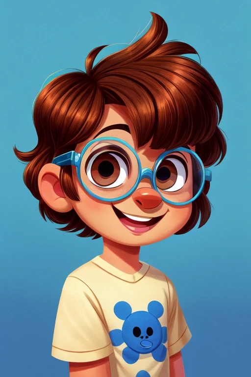 manchild, 5 years old brown hair, blue glasses, large eyes, short wavy hair, smiling, disney character. Brown eyes