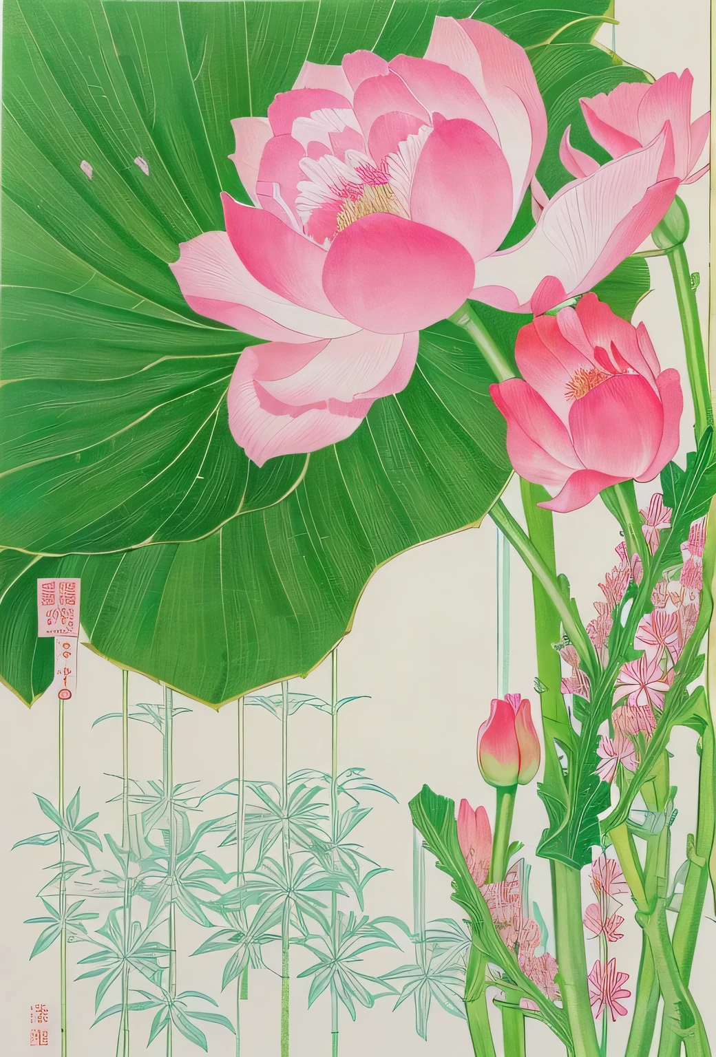 there is a painting of a pink flower and a green leaf, by Nakahara Nantenbō, by Kawai Gyokudō, by Asai Chū, by Ikuo Hirayama, by Tōshi Yoshida, by Katsushika Ōi, by Ayako Rokkaku, by Masamitsu Ōta
