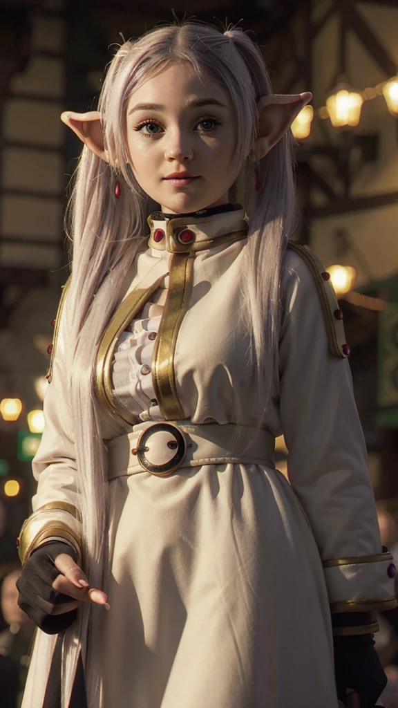 A young elf girl in realistic portrait of high quality and detail, Frieren (Sousou no Frieren), movie style, peacefull atmosphere, pale skin, glow, eye shadow, 1girl, fantasy, Depth & Perspective, happy smile on her face, A petite elf girl with green eyes, thick eyebrows and long white hair parted in the middle and braided into two high pigtails. She has large pointed elf ears, Mystical powers, red armor, fine face, hair flying in the wind, wearing a brown mink coat against the backdrop of the evening city, lantern lights, metropolis street, evening, snowfall, winter, black leather gloves, looking at viewer, (ultra-high detail:1.2), Masterpiece, Best Quality, Ultra-detailed, Cinematic lighting, 8K, delicate features, cinematic, 35 mm lens, f/1.9, highlight lighting, global lighting –uplight –v 4, Cinematic lighting, 8K, high quality, Highest Quality, (Solo Focus), (extremly intricate:1.3), (Realistic), masterful, Analog style, (Film grain:1.5), (cold tone),