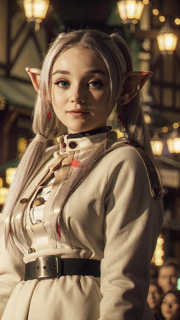 A young elf girl in realistic portrait of high quality and detail, Frieren (Sousou no Frieren), movie style, peacefull atmosphere, pale skin, glow, eye shadow, 1girl, fantasy, Depth & Perspective, happy smile on her face, A petite elf girl with green eyes, thick eyebrows and long white hair parted in the middle and braided into two high pigtails. She has large pointed elf ears, Mystical powers, red armor, fine face, hair flying in the wind, wearing a brown mink coat against the backdrop of the evening city, lantern lights, metropolis street, evening, snowfall, winter, black leather gloves, looking at viewer, (ultra-high detail:1.2), Masterpiece, Best Quality, Ultra-detailed, Cinematic lighting, 8K, delicate features, cinematic, 35 mm lens, f/1.9, highlight lighting, global lighting –uplight –v 4, Cinematic lighting, 8K, high quality, Highest Quality, (Solo Focus), (extremly intricate:1.3), (Realistic), masterful, Analog style, (Film grain:1.5), (cold tone),