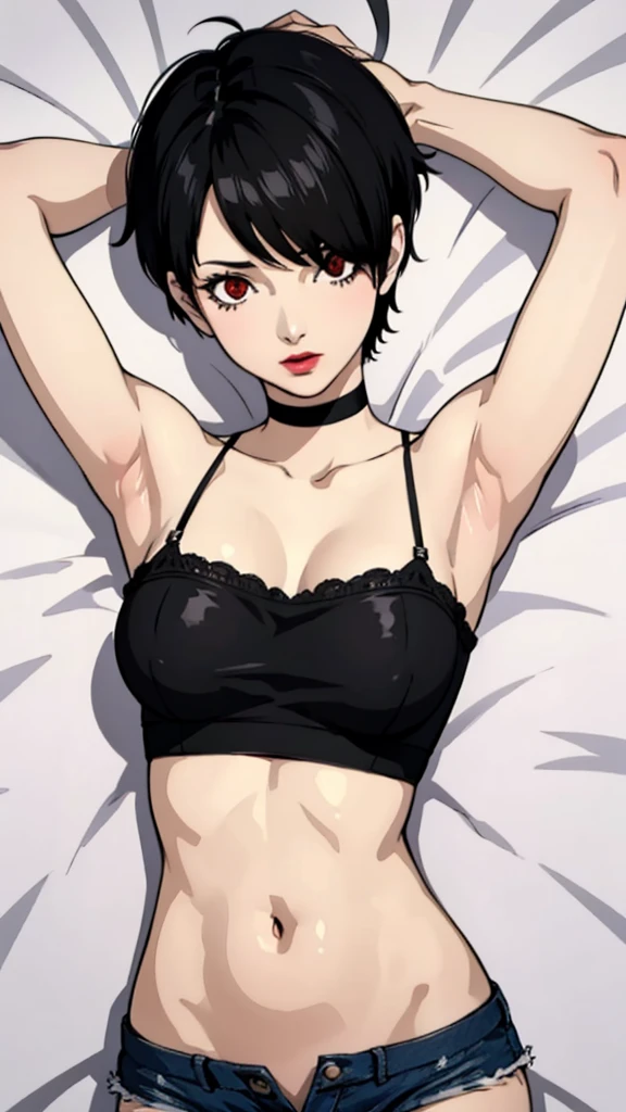1 girl, milf, Red eyes, very Short hair, hair over one eye, black choker, lipstick, Shy face, black hair, tomboy Pixie haircut, tomboy Pixie haircut, bandeau, belly, , extreme micro shorts, Open fly, lipstick cowboy shot, lying bed, arms up, armpits, 