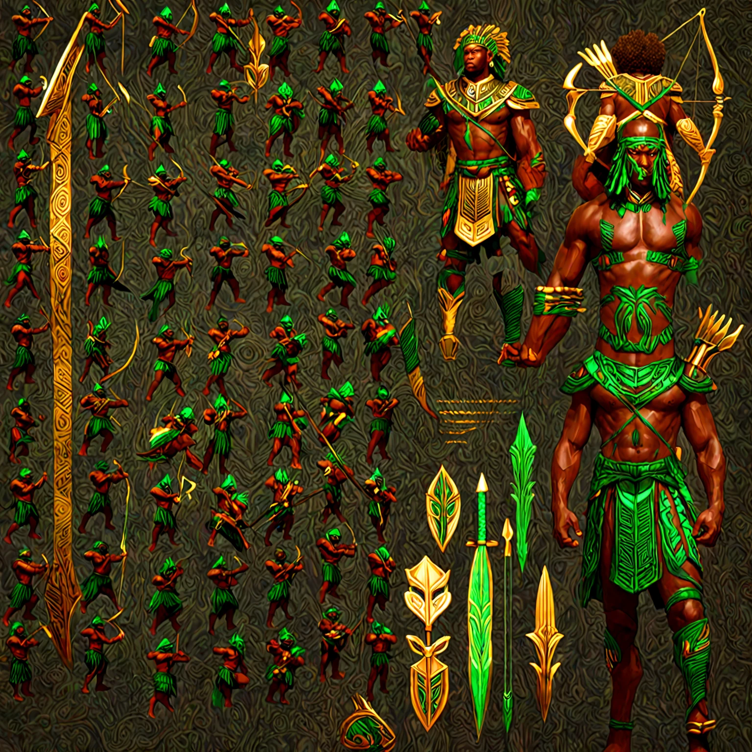 afrofuturism, a Black man with green tribal african warrior clothes holding a bow and arrow, bow and arrow, beat em up style, afrofuturism, ultra detailed, highly detailed, african god of hunt, muscular, strong, powerful, intense expression, dynamic pose, glowing tribal tattoos, ornate headdress, digital art, cinematic lighting, deep saturated colors, dramatic shadows, epic, masterpiece, 8k, hyper realistic, photorealistic