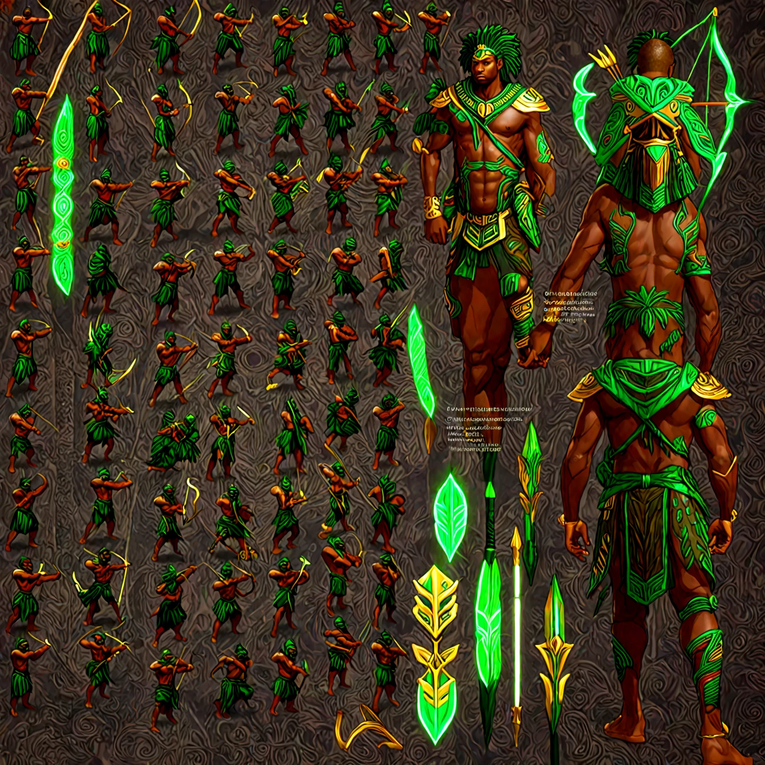 afrofuturism, a Black man with green tribal african warrior clothes holding a bow and arrow, bow and arrow, beat em up style, afrofuturism, ultra detailed, highly detailed, african god of hunt, muscular, strong, powerful, intense expression, dynamic pose, glowing tribal tattoos, ornate headdress, digital art, cinematic lighting, deep saturated colors, dramatic shadows, epic, masterpiece, 8k, hyper realistic, photorealistic