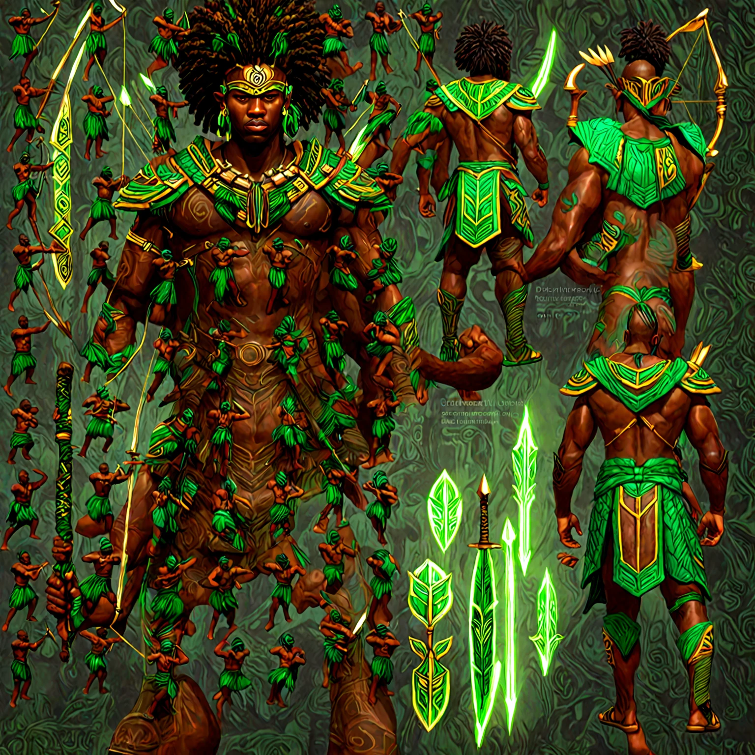 afrofuturism, a Black man with green tribal african warrior clothes holding a bow and arrow, bow and arrow, beat em up style, afrofuturism, ultra detailed, highly detailed, african god of hunt, muscular, strong, powerful, intense expression, dynamic pose, glowing tribal tattoos, ornate headdress, digital art, cinematic lighting, deep saturated colors, dramatic shadows, epic, masterpiece, 8k, hyper realistic, photorealistic