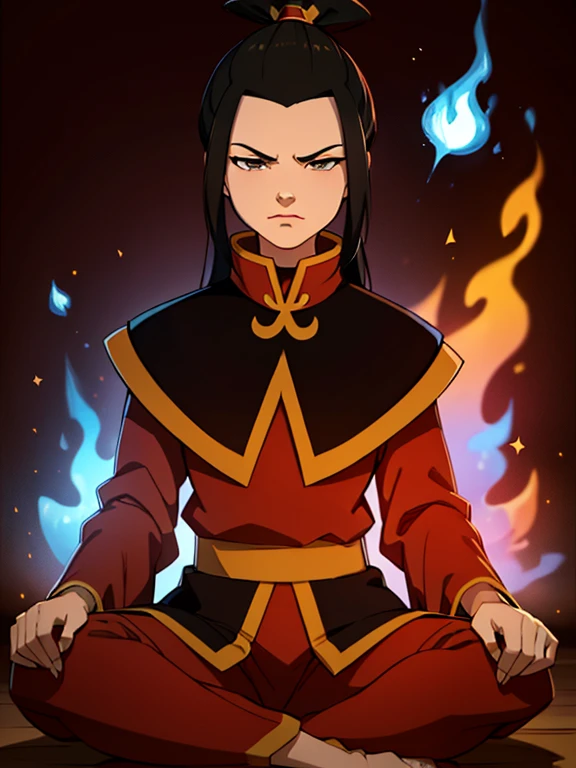 masterpiece, best quality, 1girl, azula, fire nation clothes, azula (avatar the last airbender), solo, black hair, fire, dark, long hair, topknot, serious, closed eyes, meditating, sitting, avatar meditation, , white background, azula from avatar the last airbender, princess azula, eyes open, pure white eyes, avatar arrows