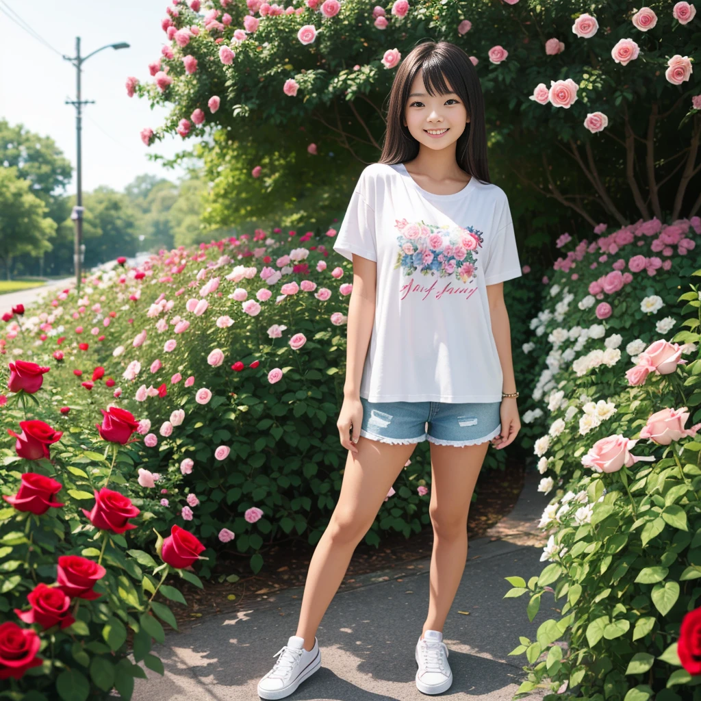 Masterpiece, a young beautiful girl, smiling, looking at the camera, standing in front of a clump of roses, wearing shorts and t-shirt, white sneakers. Wearing a top and shorts, flowers, full-body photo, casual pose, slender legs