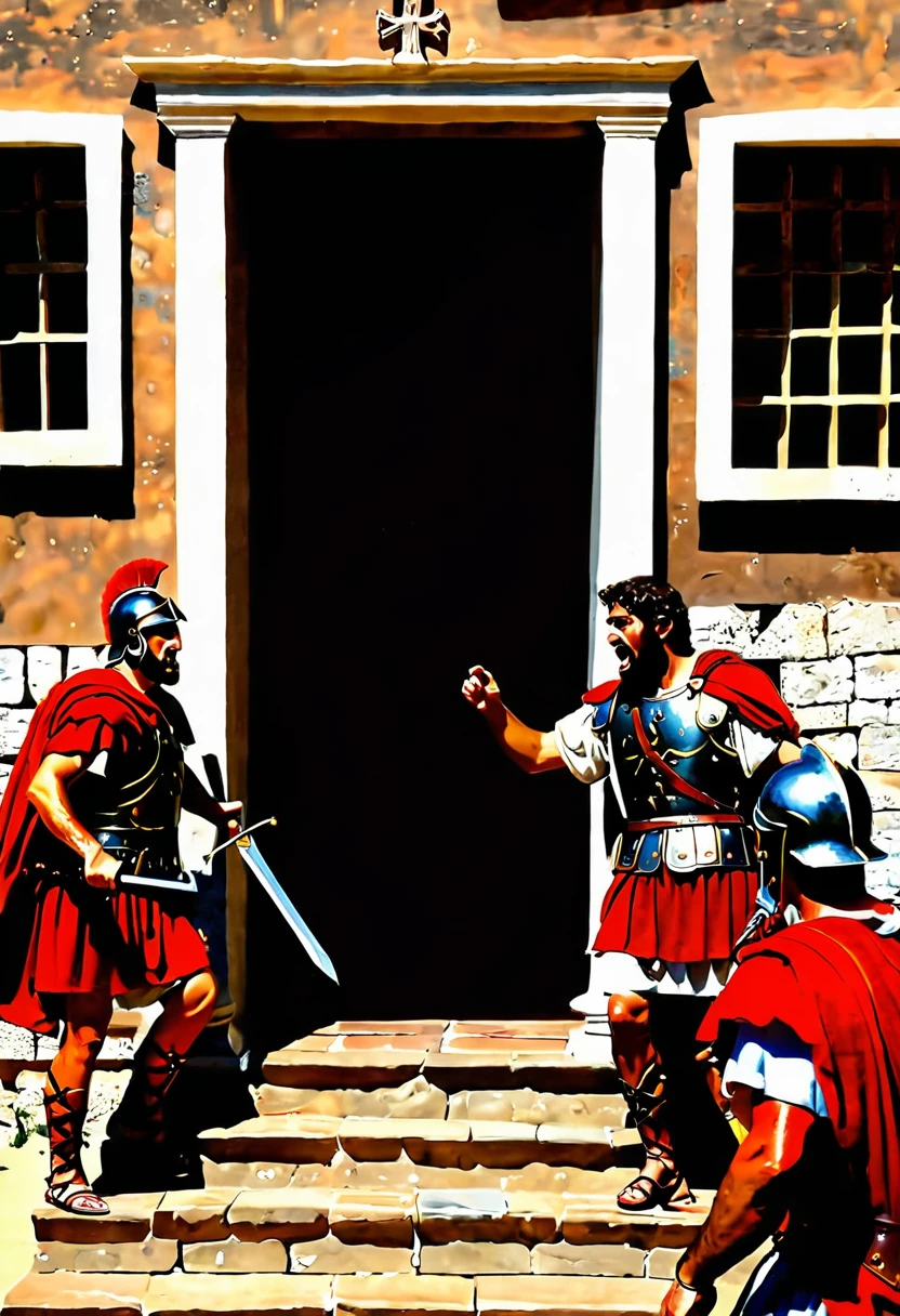 Description: Saul, dressed in Roman armor, leads a group of Roman soldiers who break into a house where Christians are gathering. Christians are scared and some try to flee.
* Era: 1st century AD.c.
* Place: Inside a house
* Action: Saul y los soldados romanos arrestan a los cristianos.
* bottom: simple furniture, religious and Christian objects trying to escape.