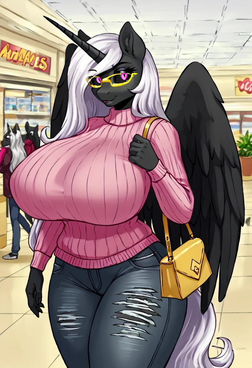 Alicorn princess, white mane,black sclera ,black body color  long flowing  mane pink eyes anthro huge breasts 
Jeans, sexy sweater shopping mall ,purse on shoulder yellow glasses ,ripped ass