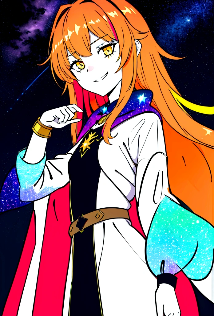 (flat colour:1.3),(colorfully:1.3),(work of art:1.2), best qualityer, original, extremamente detailded wallpaper, gazing at viewer, photo of a girl's top infused with magic, wearing a viking warrior costume, altamente detailded, extremamente detailded, intense yellow eyes, orange messy hair, confident grin, detailded, cinematic lighting, aura magica, mystical energy, stary night, many stars, rim lighting, backlight, bracelet, Chromatic aberration, RTX, Post-processing
