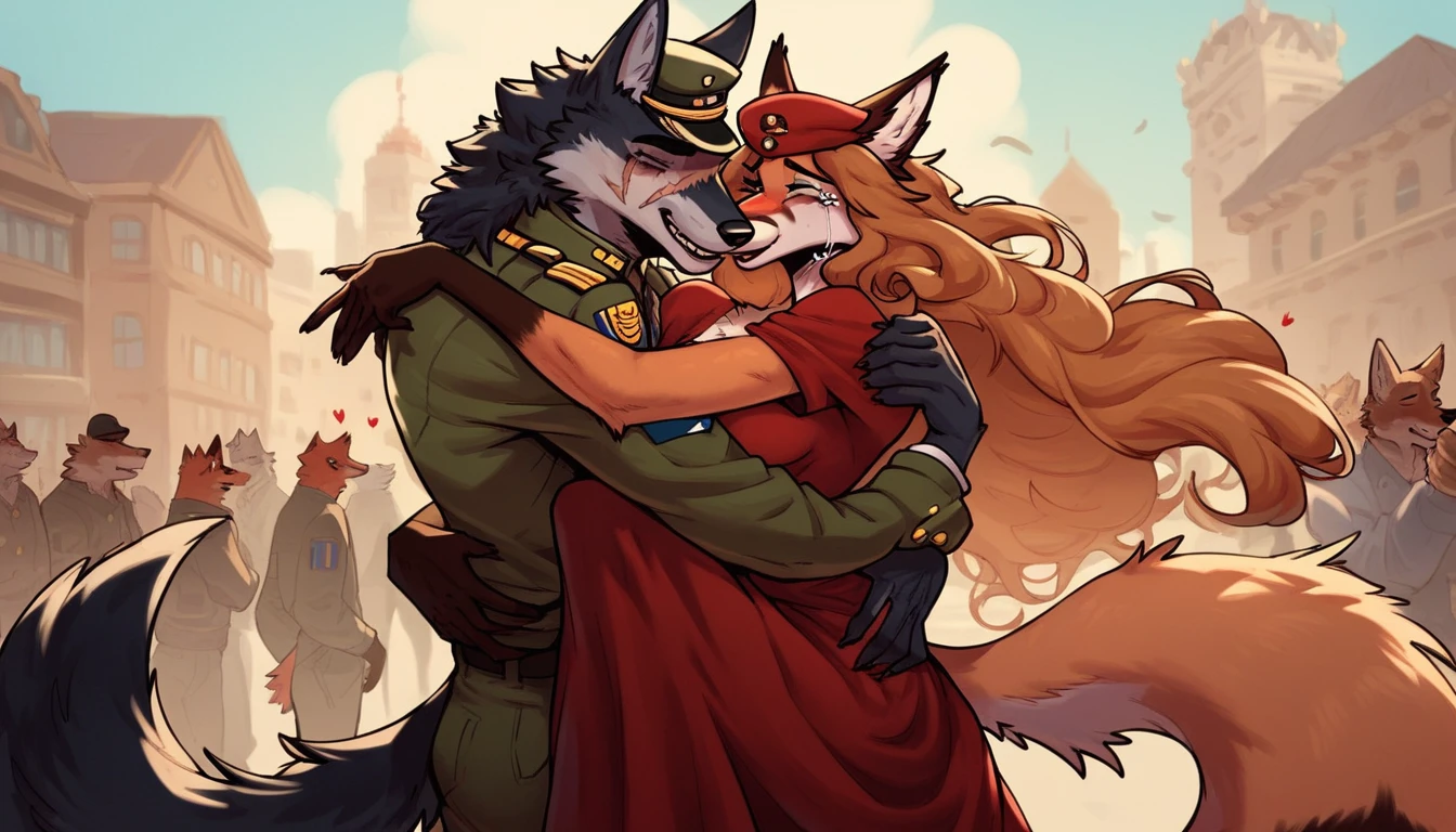 score_9, score_8_up, score_7_up, city, town park square, daytime, crowd on background, sunny, happy, joyful, love, reunion, face to face, (kissing:0.5)

((fox:1.2), anthro, female, dark brown fur, long flowing hair, beautiful, wearing a dress, crying tears of joy, hugging, being lifted)

((wolf:1.2), anthro, male, black fur, (scars, wounds), (wearing a military uniform, pants and hat), strong, lifting, loving expression)