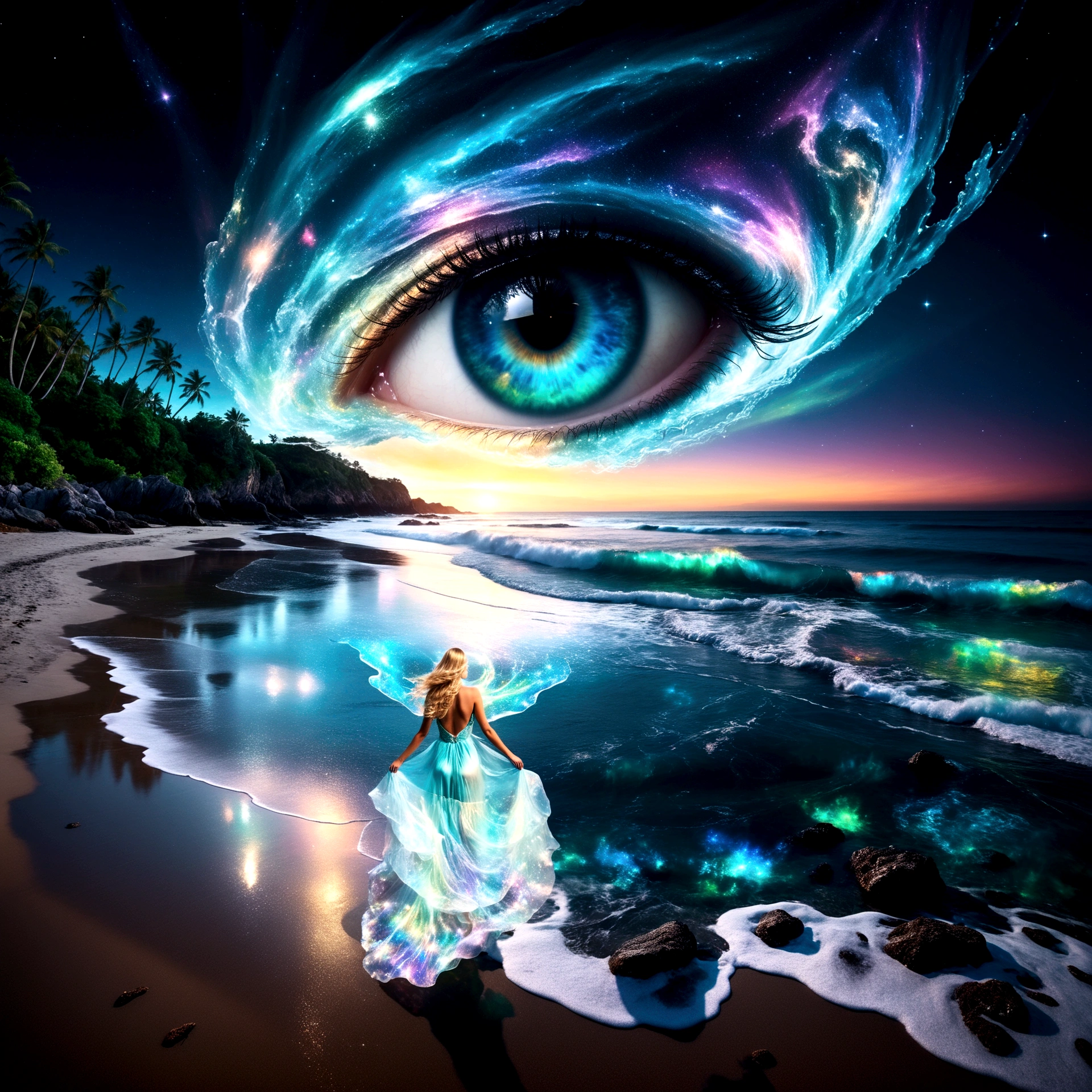 Pristine beach at night with a bioluminescent and crystalline sea, viewed from a high vantage point. Sky: Majestic swirling galaxy forming a giant, detailed eye with vibrant colors reflecting on the water below. Bioluminescent and crystal-clear, with small waves crashing onto the sandy beach. Vivid reflections of the cosmic eye and starry sky on the water's surface. Intricate details in the waves' glow. Blonde woman with long flowing hair, wearing a floating, transparent dress resembling swirling patterns of Aurora Borealis. She stands in contemplation.