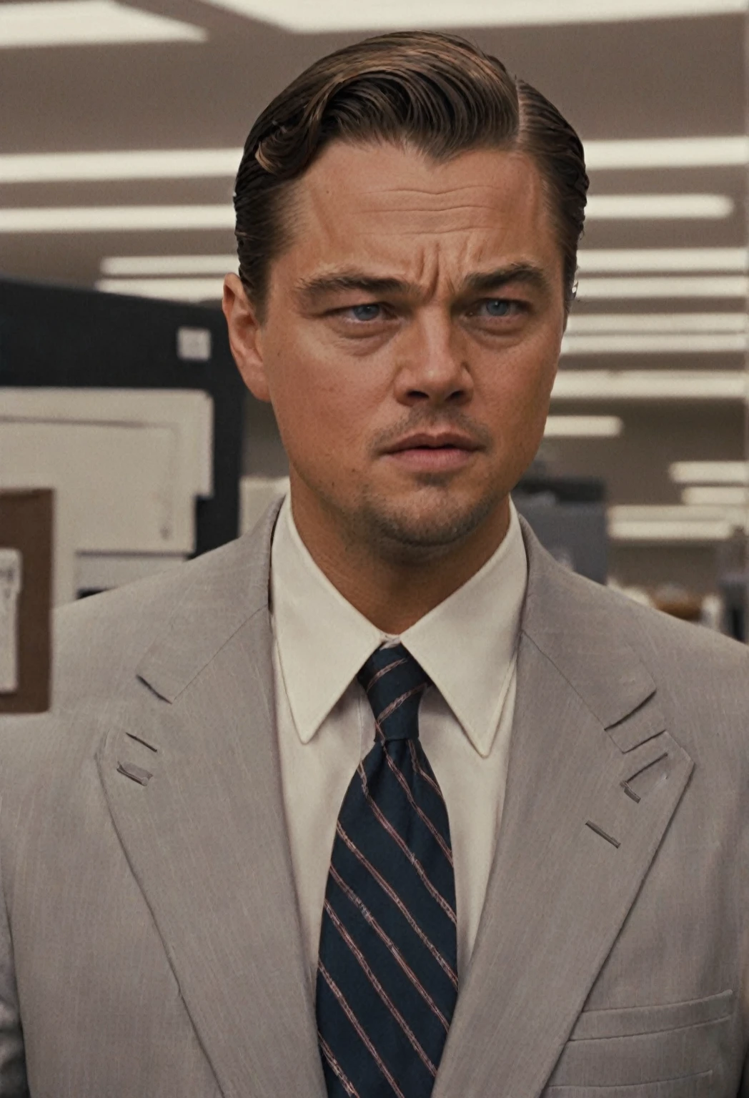 closeup cinematic still of Leonardo DiCaprio , in a suit in a office wolf of wall street movie