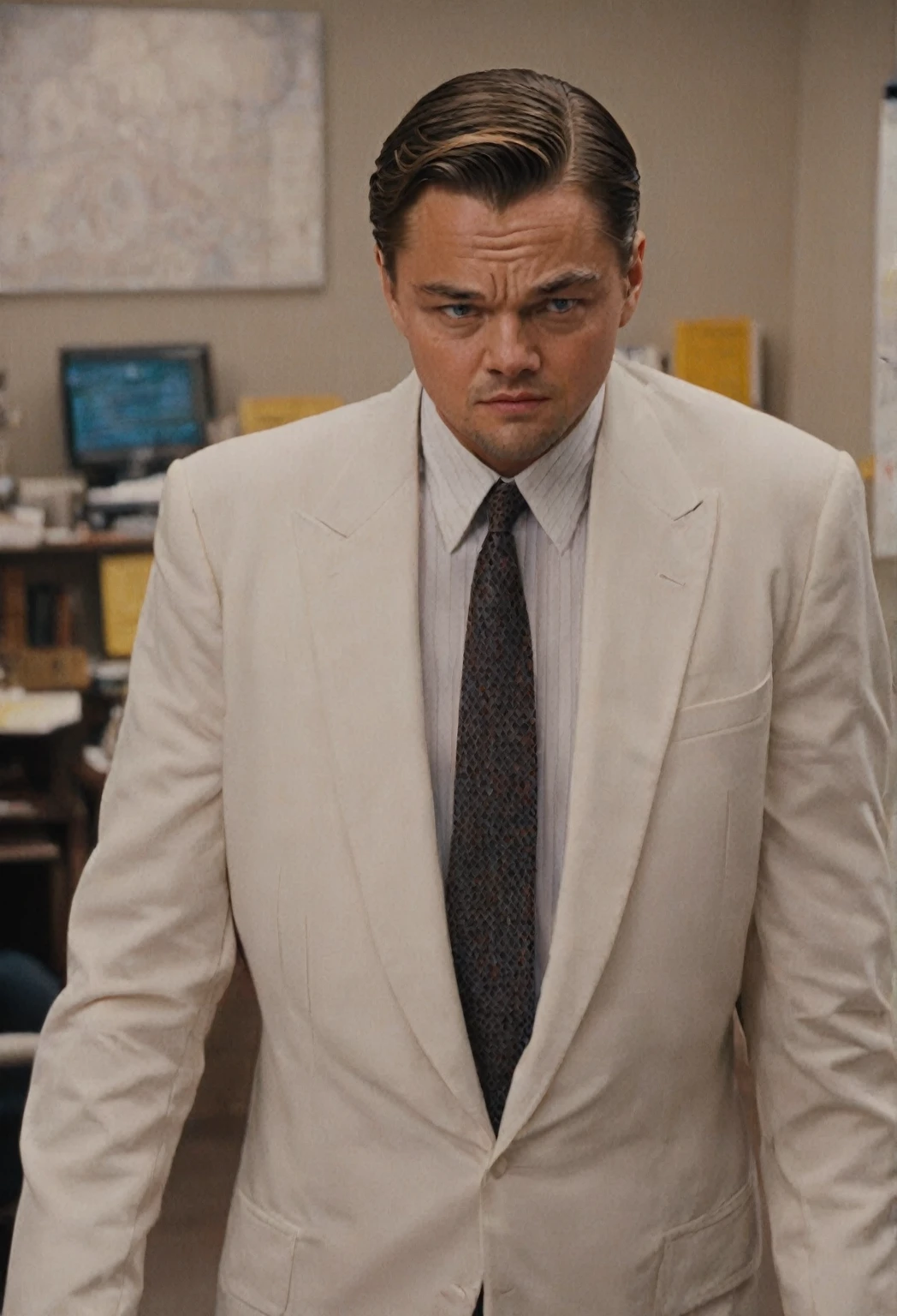 closeup cinematic still of Leonardo DiCaprio , in a suit in a office wolf of wall street movie