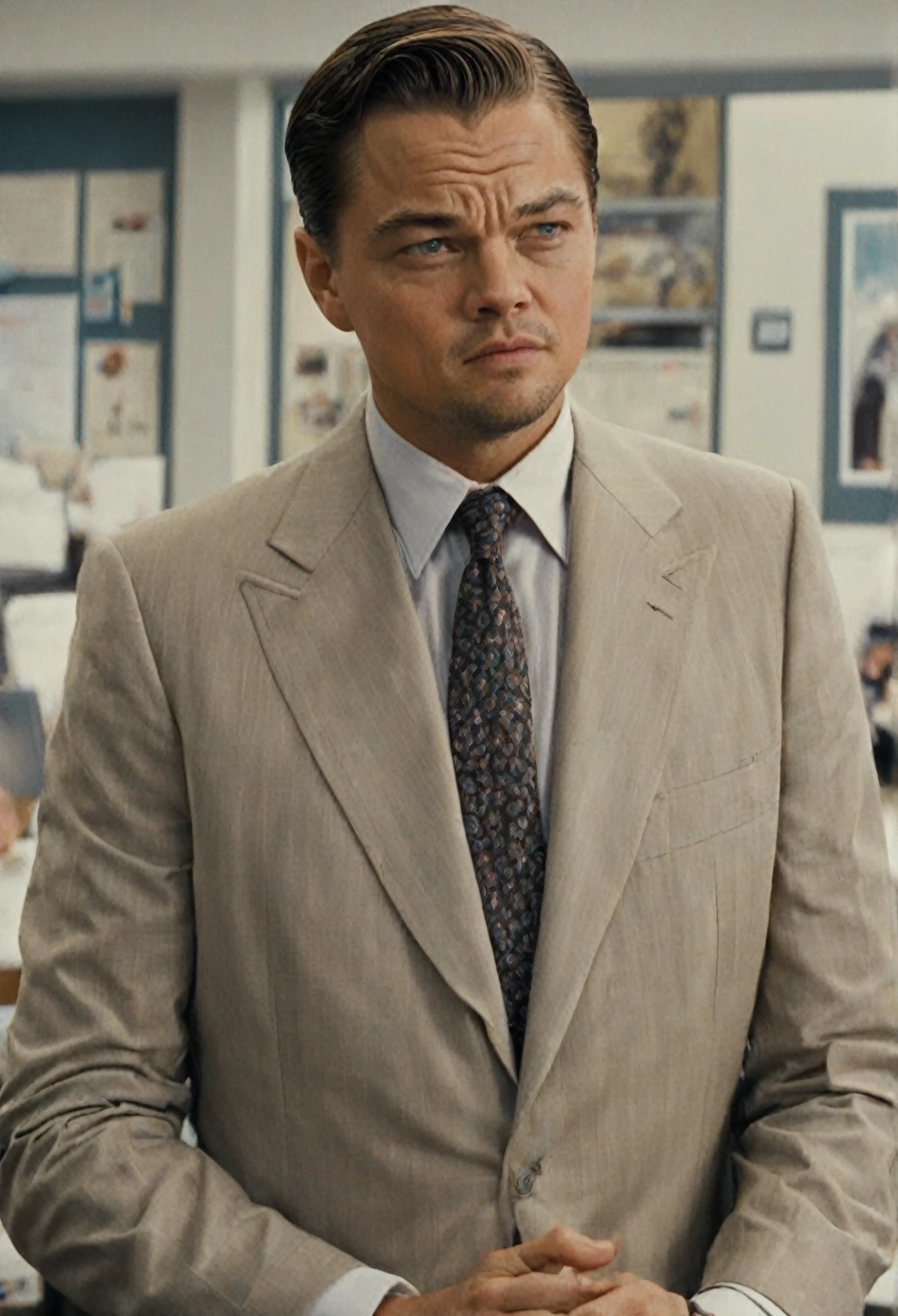 closeup cinematic still of Leonardo DiCaprio , in a suit in a office wolf of wall street movie