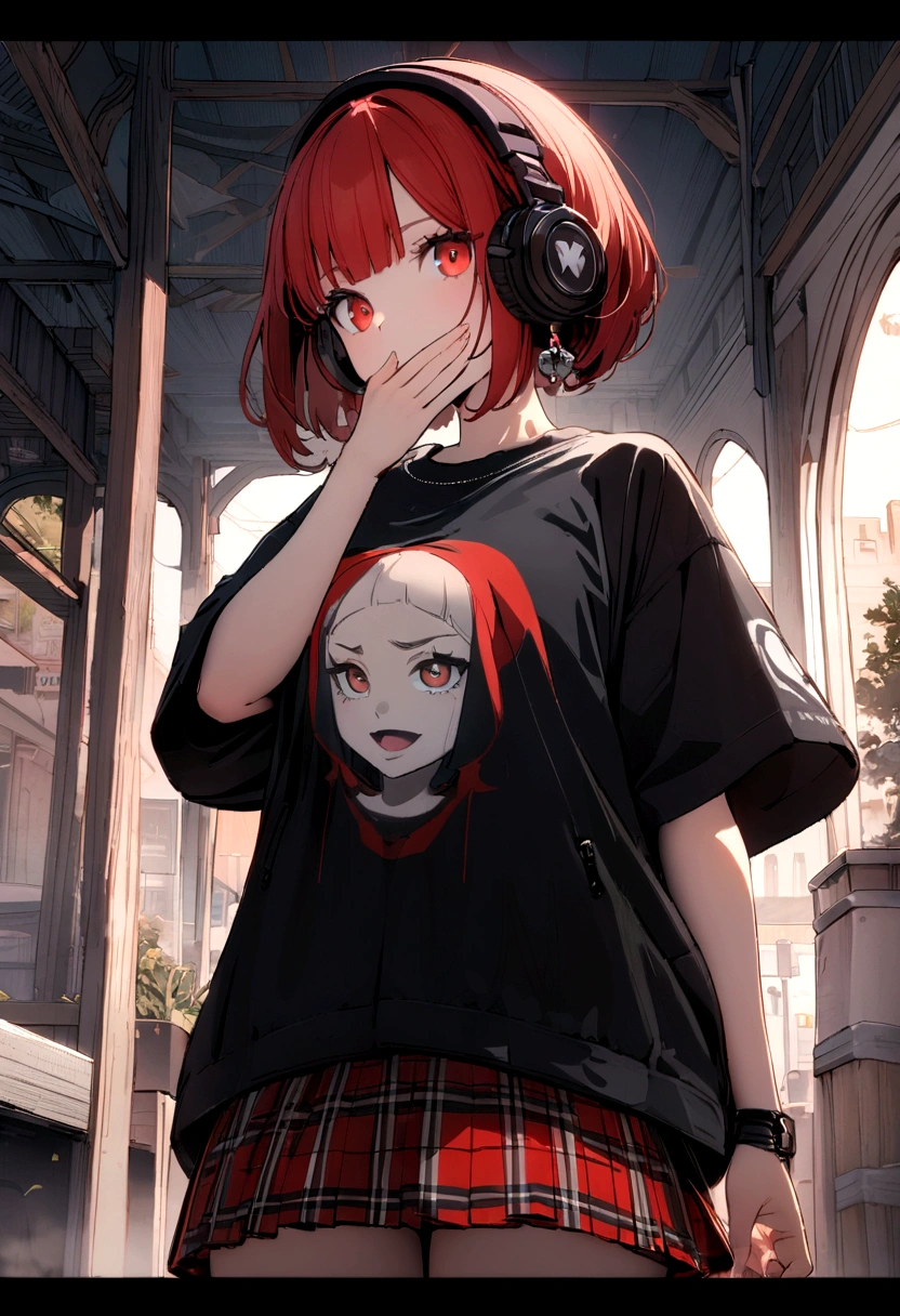(8K, 4K, masterpiece, Very detailed:1.2), alone, Front view , Highest quality, , alone, Lifting something heavy, Perfect Anatomy, One Girl, Perfect Face, Expressive eyes, Perfect Eyes, T-Shirts, Put your hand over your mouth , Tea column sky light, Short Bob, Headphones, Earrings, Streetwear, graphic T-Shirts, Oversized jackets, red and black plaid skirt,,,