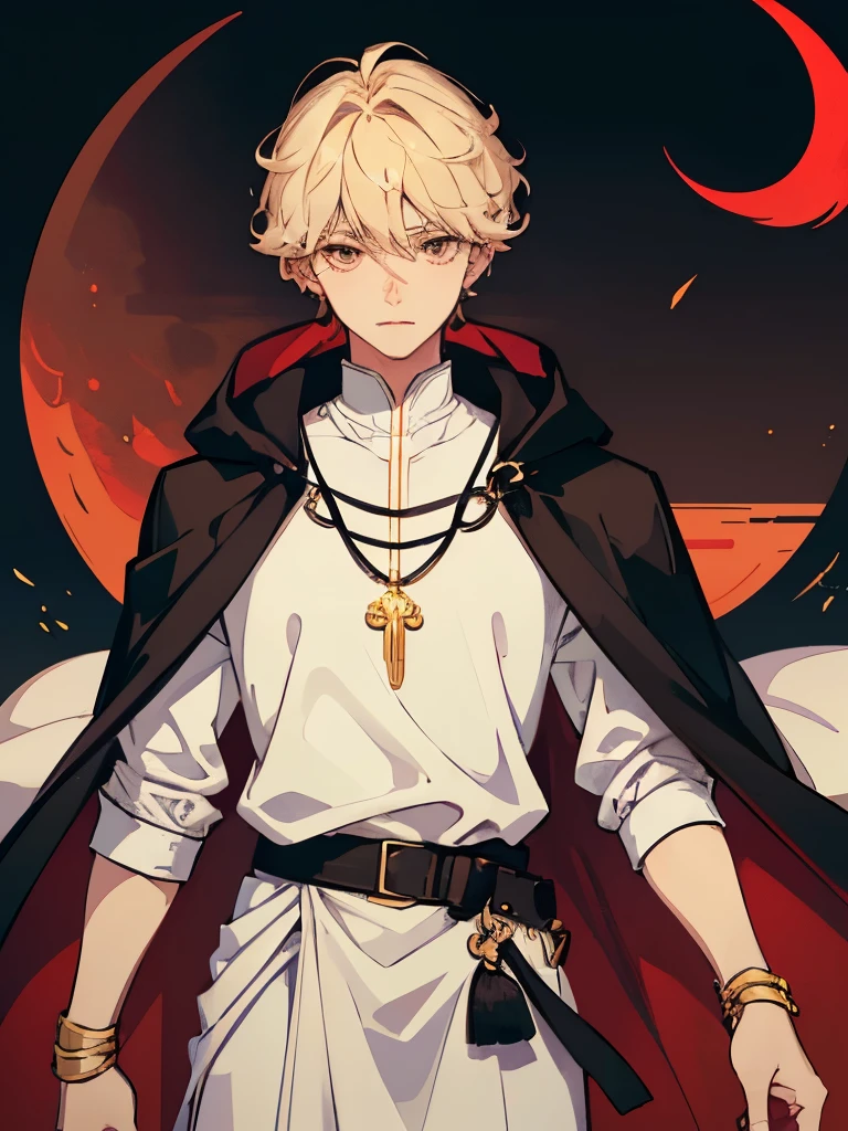 Teenage boy with short blonde hair, amber-honey eyes, a mature appearance, wearing white armor covered by a black cloak. The hair is short and wavy, with a neutral expression. The character is adorned with a full crescent moon and a waning moon necklace, as well as a red moon amethyst necklace. Manhwa style ((ONE CHARACTER))