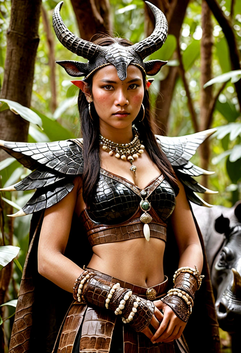 A YOUNG WOMAN, young GIRL, strange, contains secrets, a mysterious creature, HAS big, pitch black kalilawar WINGS, clothes made from the skin of a wild bull full of blood, flat facial expression, cold glazed eyes, on her head grows very large stag antlers, tied His waist is made of tree roots, he wears trousers made of dragon skin, his arms are covered in three layers of thick tree bark protection, and on his left and right arms are bracelets made of brown jade. In his left and right hands he holds daggers made of sparkling marble. Her shoes were made of rhinoceros skin, and the beautiful young woman wore a covering made of male crocodile skin around her neck. original photos, real, natural, professional photography.
