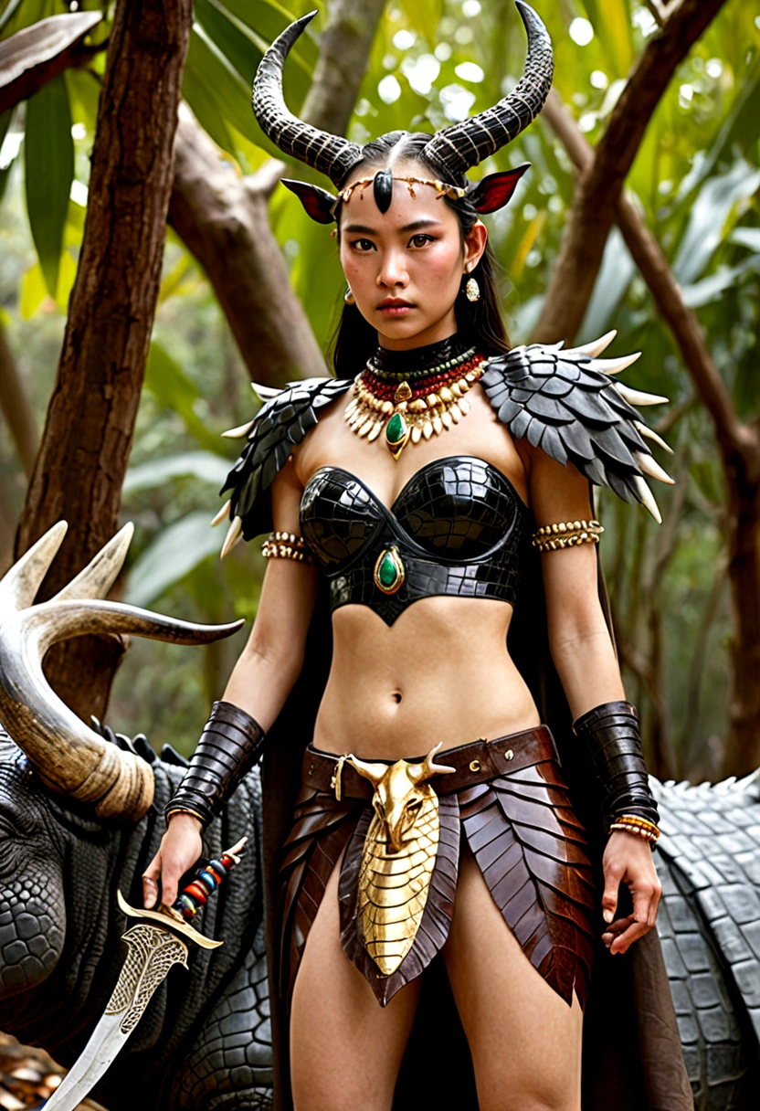 A YOUNG WOMAN, young GIRL, strange, contains secrets, a mysterious creature, HAS big, pitch black kalilawar WINGS, clothes made from the skin of a wild bull full of blood, flat facial expression, cold glazed eyes, on her head grows very large stag antlers, tied His waist is made of tree roots, he wears trousers made of dragon skin, his arms are covered in three layers of thick tree bark protection, and on his left and right arms are bracelets made of brown jade. In his left and right hands he holds daggers made of sparkling marble. Her shoes were made of rhinoceros skin, and the beautiful young woman wore a covering made of male crocodile skin around her neck. original photos, real, natural, professional photography.