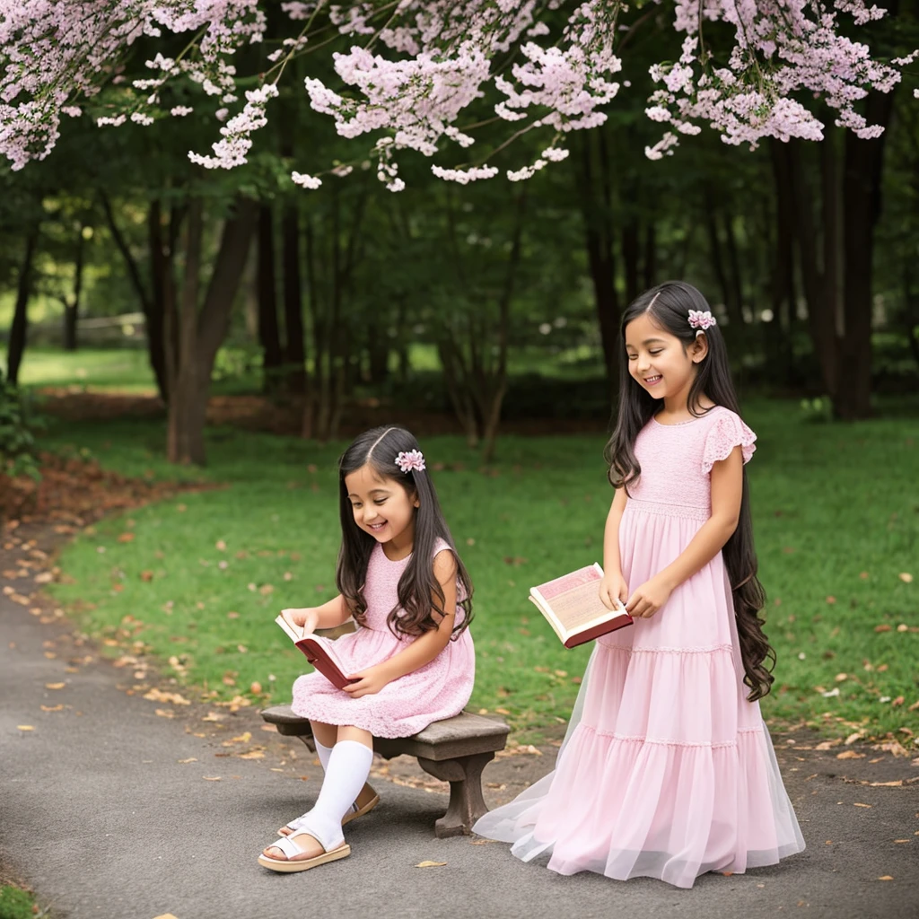 1  beautiful European 5 years  reads books under the tree, smile happily, long black wavy hair, casual dress, there are a few books around, in spring, in the afternoon, pink environments 
