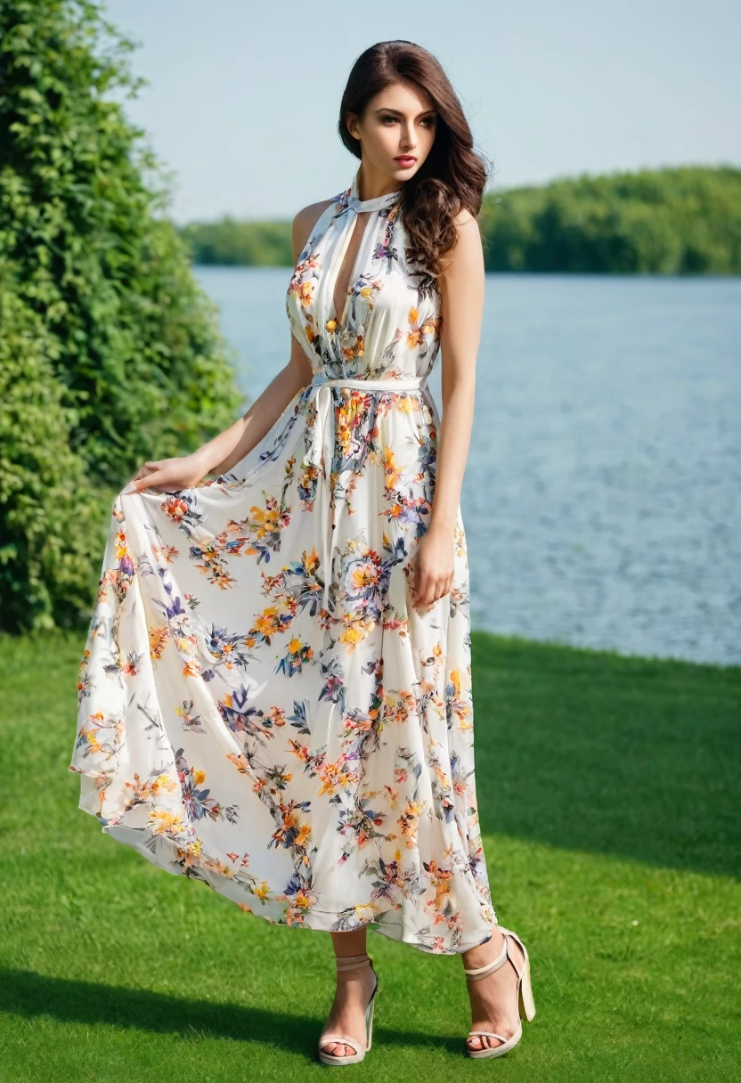 Beautiful attractive woman , stand up, modern summer style ,full-length , beautiful dress 