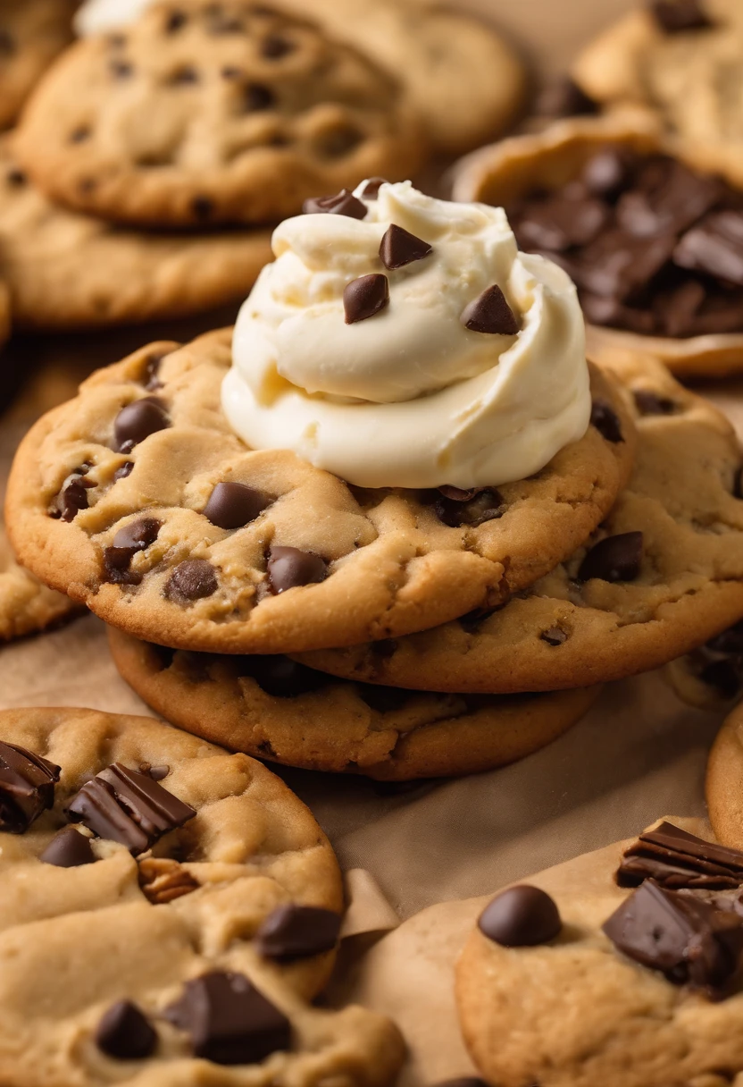 Cookie, Cookie cookie, chocolate, with pineaple ice cream, chocolate chip cookie with chocolate chips and walnuts, (cookie with pineaple ice cream por cima), realisitic, high resolution, 4K, scenario (not nature), Cookies de chocolate with pineaple ice cream, professional foto, best photographer in the world, grade, optical zoom, cookies com sorvete de abacaxi, cookies xom sorvete amarelo,