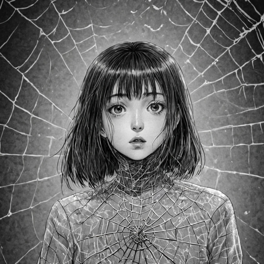spider web, (anime), bizarre scenario, This is Junji, Yusuke Murata, black and white, 8K, anime, horror
