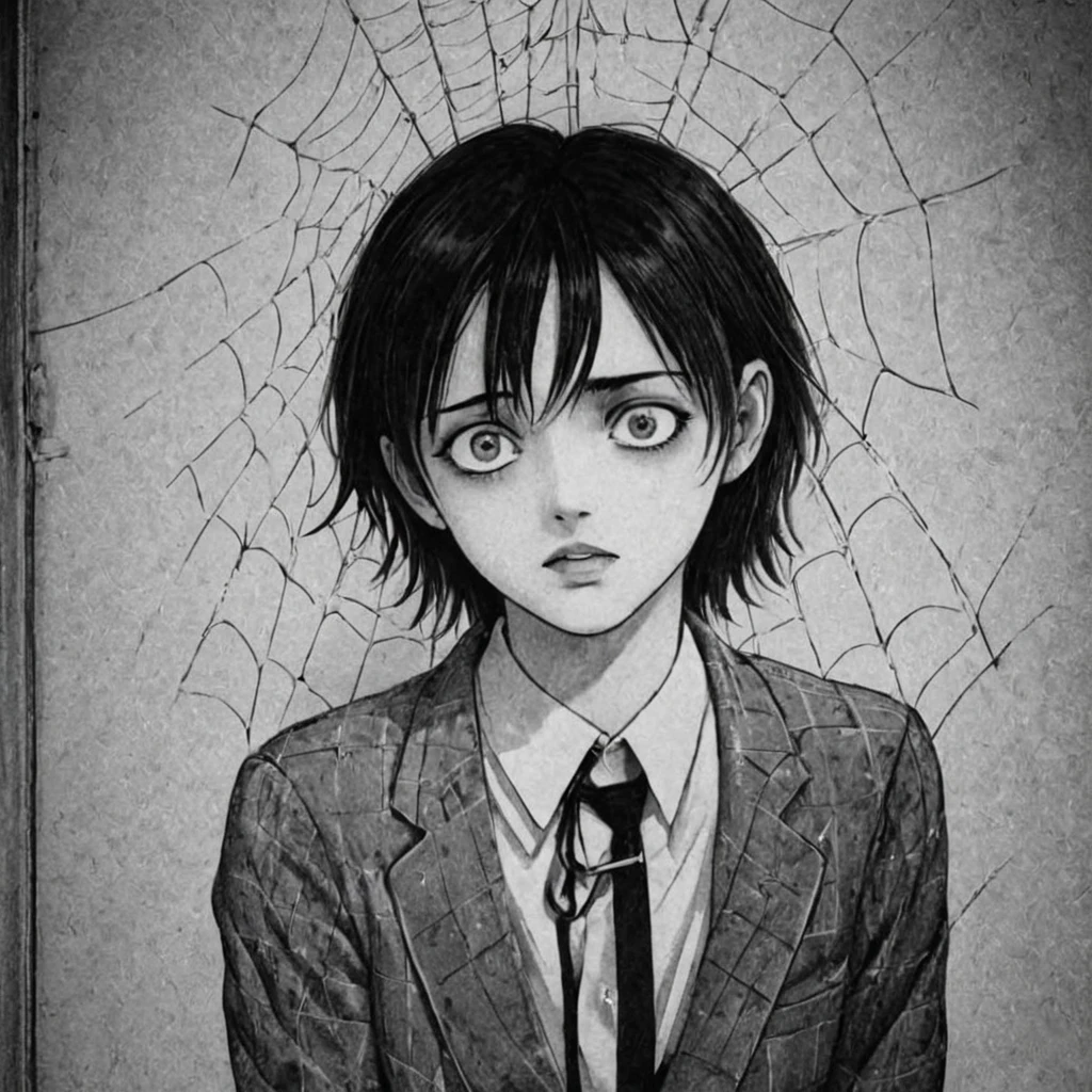 spider web, (anime), bizarre scenario, This is Junji, Yusuke Murata, black and white, 8K, anime, horror