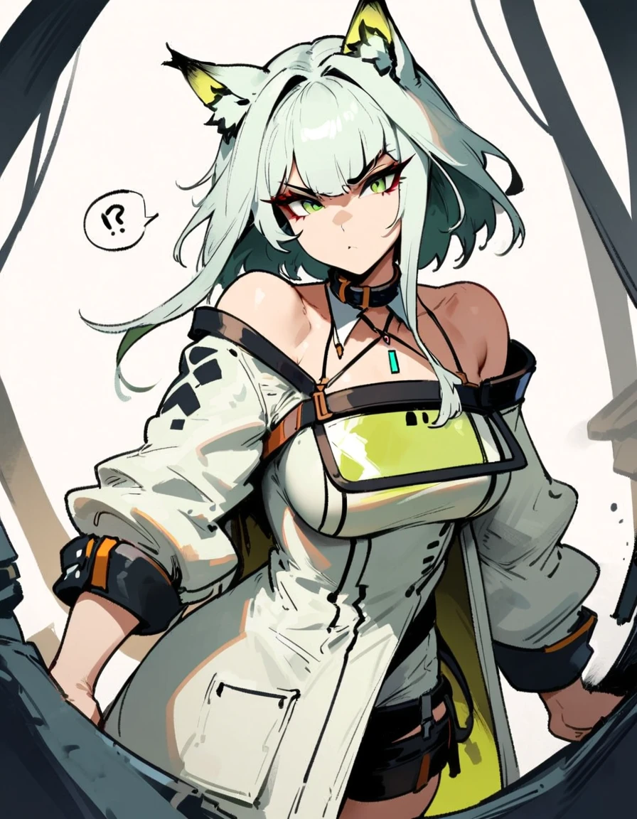 1girl, kal'tsit \(arknights\), arknights \\\\\ masterpiece, best quality, very aesthetic, absurdres, newest \\\\\\ slim body,///// ,by nyantcha,cutesexyrobutts , by khyle,,////// ,,,, , ,,detailed face, , ,, , , , , beautiful face, (white background:1.2), , sexy, , serious.angry, green eyes, animal ears, , ,,,big tits,), in the center of the frame,,, ,wears a lab coat, ,full body , solo