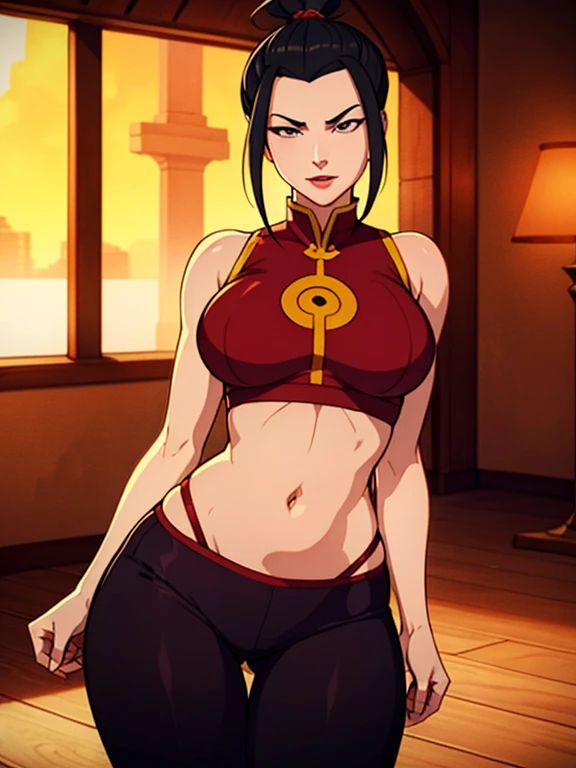 Beautiful, masterpiece, Best quality, very detailed face, perfect lighting, cowboy shot, 1 girl, Azula, perfect body, tight clothes, seductive, pomade, draw up, I look at the viewer, wide hips