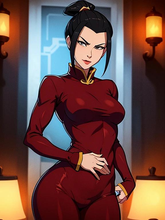 Beautiful, masterpiece, Best quality, very detailed face, perfect lighting, cowboy shot, 1 girl, Azula, perfect body, tight clothes, seductive, pomade, draw up, I look at the viewer, wide hips