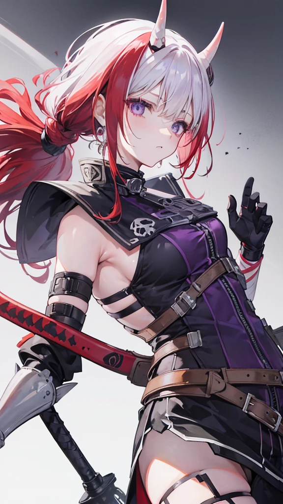 Female, White hair, purple eyes, Old Glove, 160 cm, 18 years, Red Hair Skull Band, Horned Skull Mask, Turtle's Baseball Bat (Wired), bone armor ,Tomboy, wasteland