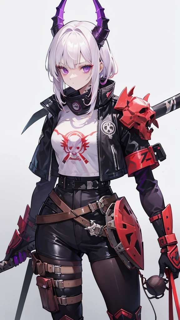 Female, White hair, purple eyes, Old Glove, 160 cm, 18 years, Red Hair Skull Band, Horned Skull Mask, Turtle's Baseball Bat (Wired), bone armor ,Tomboy, wasteland