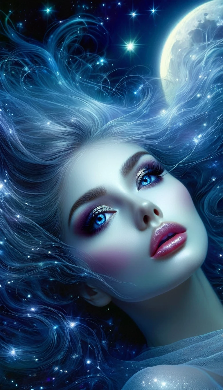 A ghostly female figure, beautiful detailed eyes, beautiful detailed lips, extremely detailed face, long eyelashes, floating in a night sky, full moon, twinkling stars, (best quality,4k,8k,highres,masterpiece:1.2),ultra-detailed,(realistic,photorealistic,photo-realistic:1.37),oil painting, fantasy, surreal, atmospheric, dramatic lighting, dramatic contrast, vivid colors, moody, mystical, ethereal