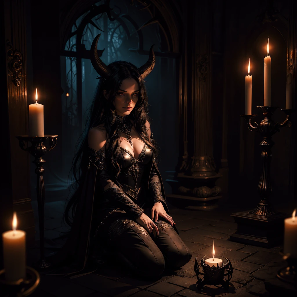 A sexy dark mysterious witch kneeling inside magic circle surrounded by lit candles, goat-looking devil in front of her, witch adoration pose, detailed face and eyes, dramatic lighting, dark fantasy, dramatic shadows, moody atmosphere, occult ritual, cinematic composition, chiaroscuro, dark colors, rich textures, digital painting, concept art style