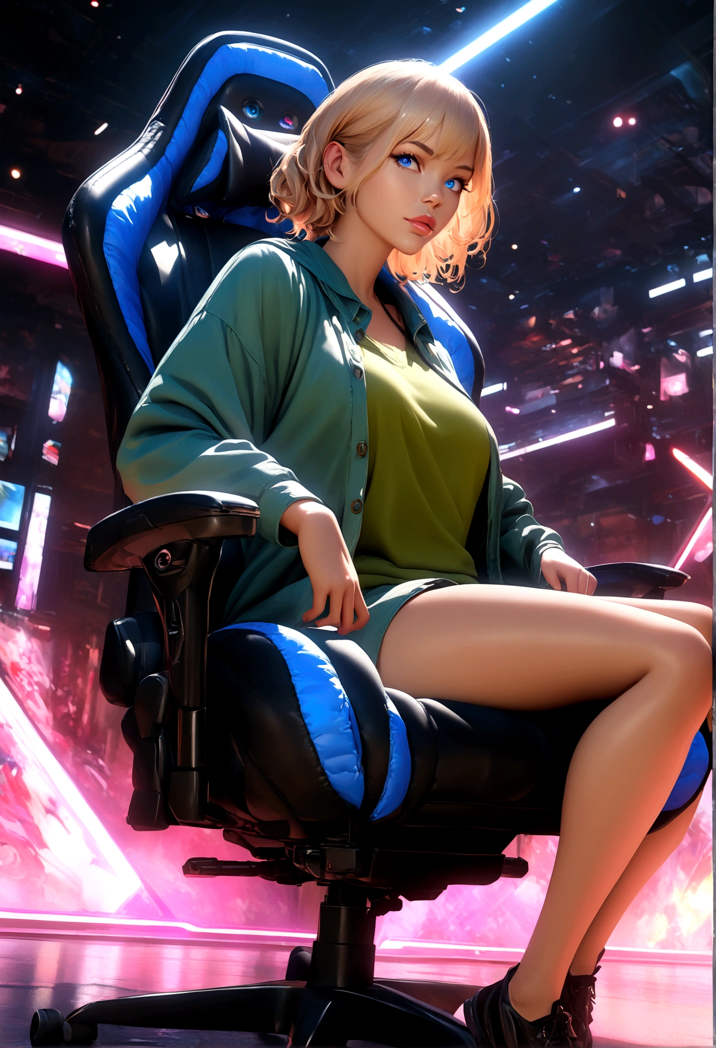 1 beautiful albino woman with blonde hair with freckles, pink blush and tattoos wearing knee-high socks and a short mini skirt, sitting in a pink gaming chair, holding a PS5 controller high quality image, perfect symmetry, vibrant and clear, details of first quality and definition, 1200 PPI – Photographic resolution with greater central realism, hyper-realistic and cinematic 16K UHD image resolution of high fidelity.