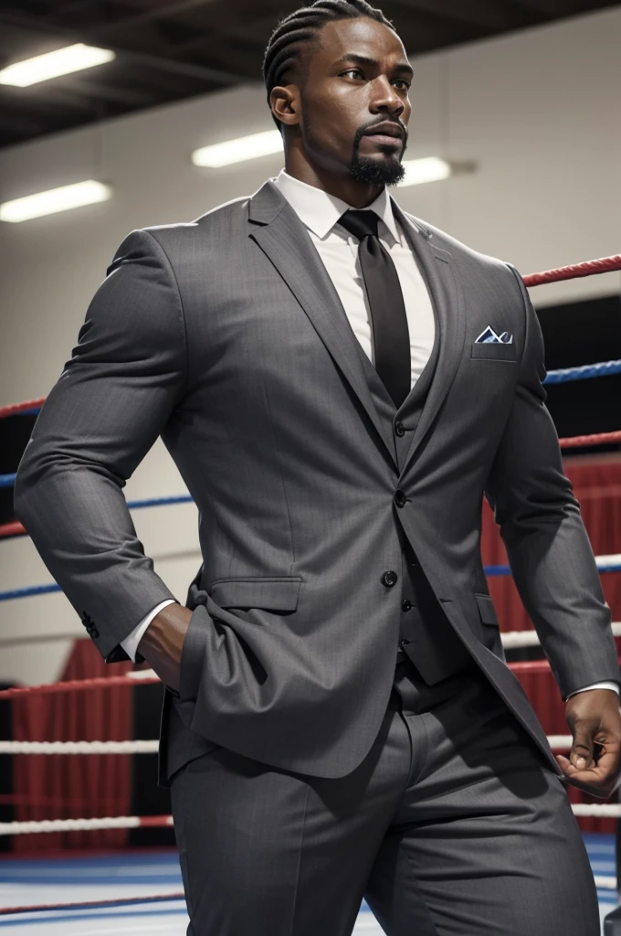 31 year old man from Congo, athletic body, goatee, black cornrow hair, calm, strong, in wrestling ring, wearing gray business suit