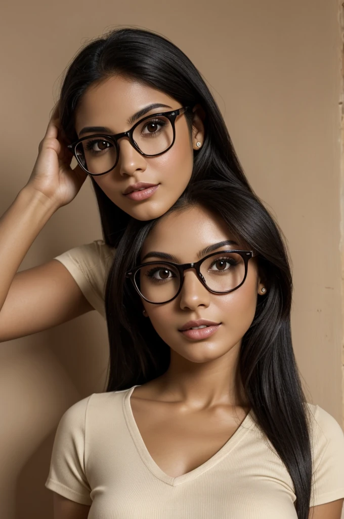 Create me a Latin girl, Venezuelan, black hair, long, straight, dark eyes, penetrating gaze, oval face, thick lips, white skin, beige top, small breasts, big glasses, model, beautiful and fun