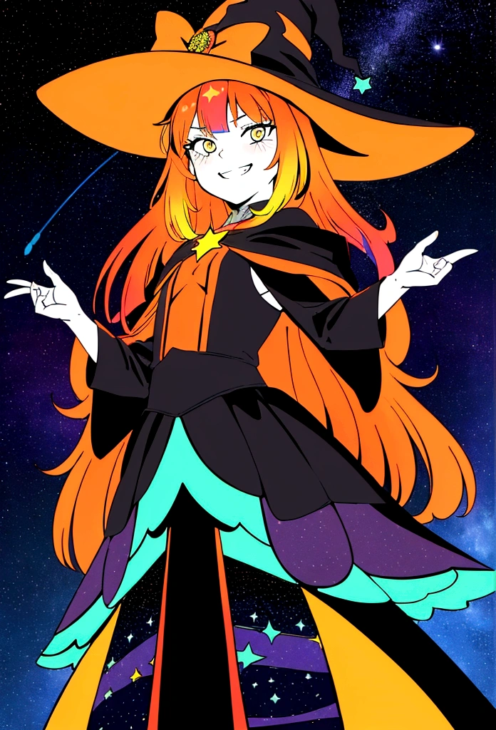 (flat colour:1.3),(colorfully:1.3),(work of art:1.2), best qualityer, original, extremamente detailded wallpaper, gazing at viewer, photo of a girl's top infused with magic, wearing a witch costume, altamente detailded, extremamente detailded, intense yellow eyes, orange messy hair, confident grin, detailded, cinematic lighting, aura magica, mystical energy, stary night, many stars