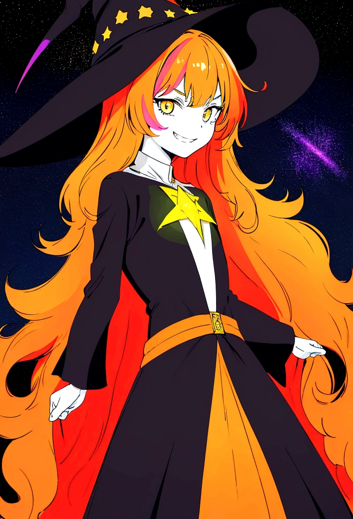 (flat colour:1.3),(colorfully:1.3),(work of art:1.2), best qualityer, original, extremamente detailded wallpaper, gazing at viewer, photo of a girl's top infused with magic, wearing a witch costume, altamente detailded, extremamente detailded, intense yellow eyes, orange messy hair, confident grin, detailded, cinematic lighting, aura magica, mystical energy, stary night, many stars