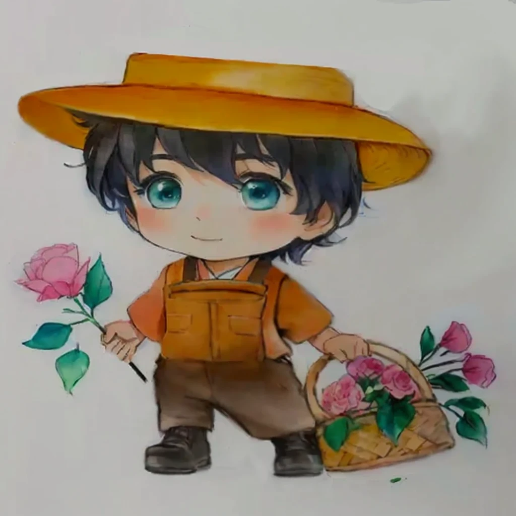 drawing of a boy with a hat and a basket of flowers, japanese farmer, character with hat marrom, colourful drawing, wearing a straw hat and overalls, watercolor and pen, a colored pencil drawing, colourful drawing, colourful drawing, rich aquarium, traditional art, inspired by Junpei Satoh, character with hat, water colour